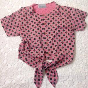 Vtg 90s Y2K T Shirt Top Pink Black Knit Plaid Floral Tie Front Medium Women M